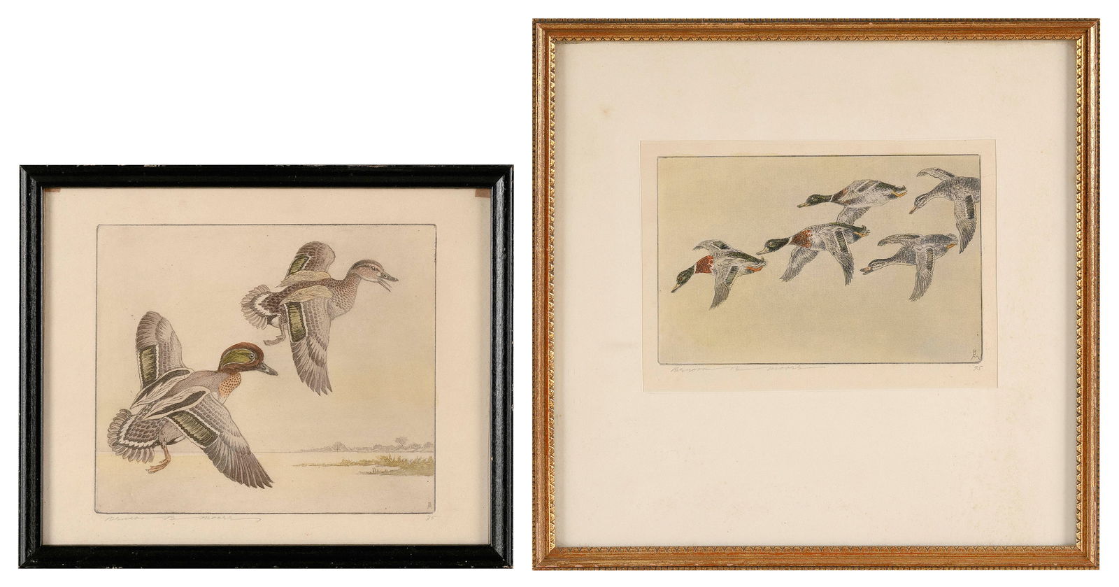 BENSON BOND MOORE (Washington, D.C./Florida, 1882-1974), Two waterfowl prints, both signed in pencil: BENSON BOND MOOREWashington, D.C./Florida, 1882-1974Two waterfowl prints, both signed in pencil lower left "Benson B. Moore": 1) A group of mallards landing. Plate 4.5" x 6.75". Framed 12 x 12".2) Two