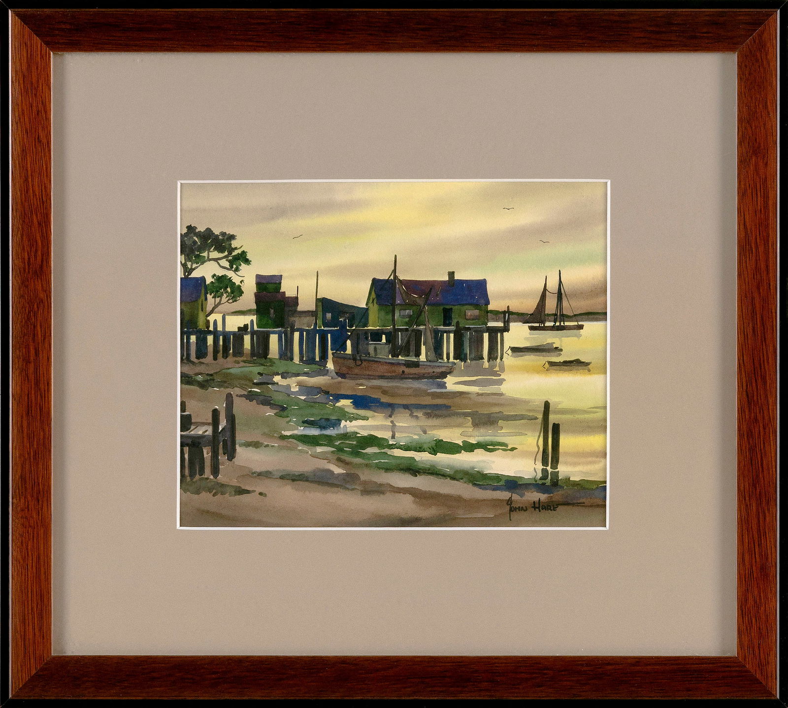 JOHN CUTHBERT HARE (Massachusetts/Florida, 1908-1978), Captain Jack's Wharf., Watercolor on paper,: JOHN CUTHBERT HAREMassachusetts/Florida, 1908-1978Captain Jack's Wharf. Signed lower right "John Hare".Watercolor on paper, 6.25" x 7.75" sight. Framed 13" x 14.5".