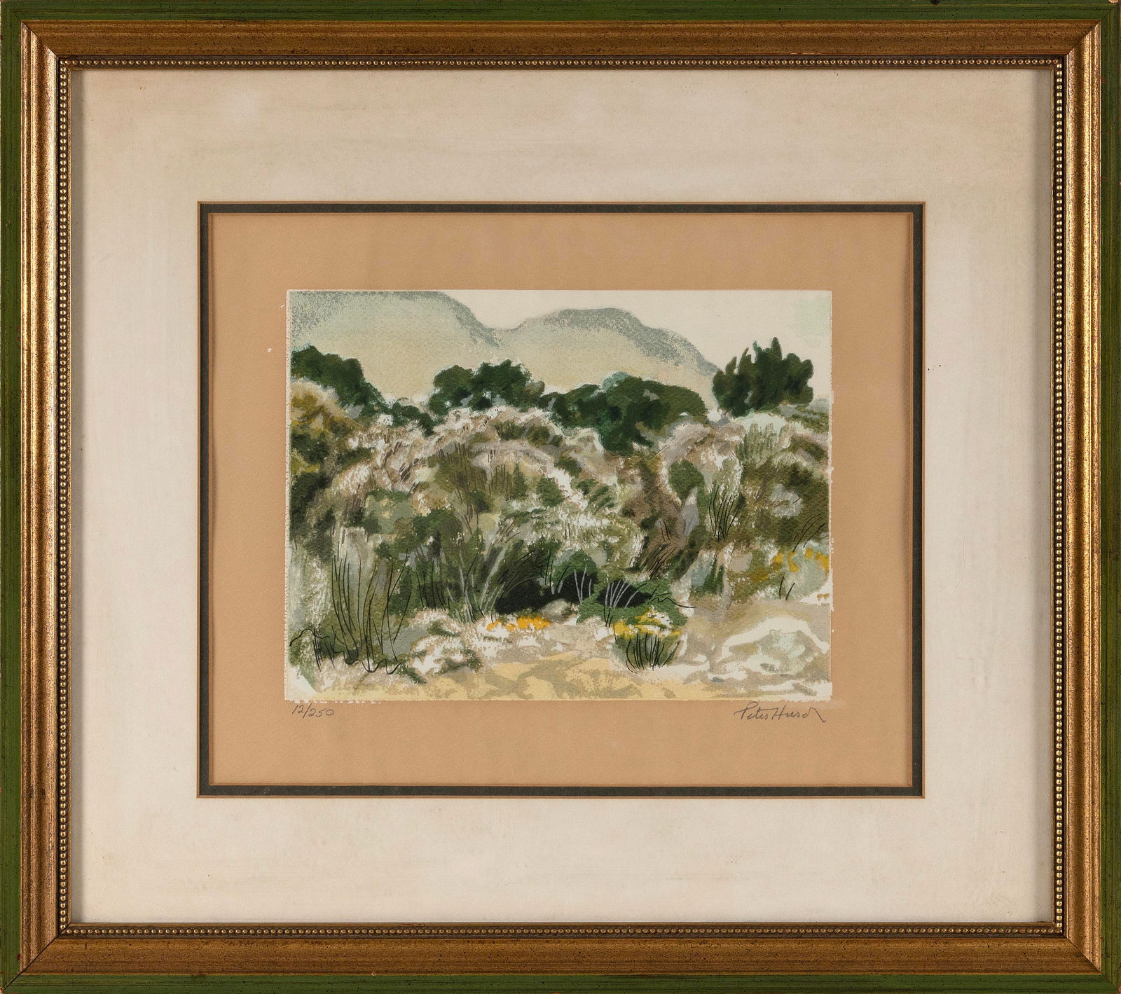 PETER HURD (New Mexico/Pennsylvania, 1904-1984), Southwestern landscape in spring., Color: PETER HURDNew Mexico/Pennsylvania, 1904-1984Southwestern landscape in spring. Signed and numbered 12/250 in pencil lower margin.Color lithograph, 12.5" x 15.25" sight. Framed 21.75" x 24.5".