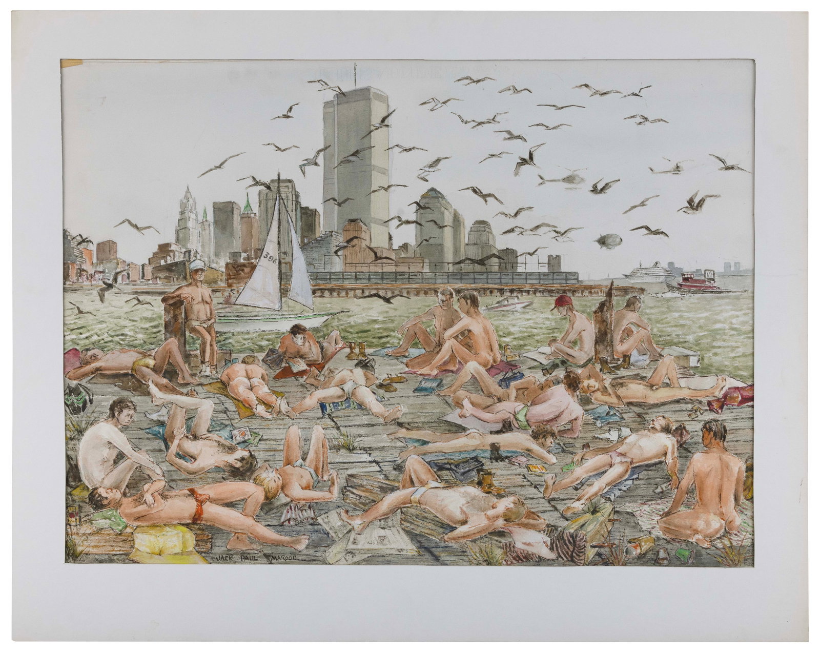 JACK PAUL MAROON (New York, 1919-2008), "81 West St. — Bethune St. Pier"., Watercolor on cream: JACK PAUL MAROON New York, 1919-2008 "81 West St. — Bethune St. Pier". Signed lower left "Jack Paul Maroon". Watercolor on cream wove paper, 22" x 30". Matted 26.5" x 33". Notes: In Manhattan, t