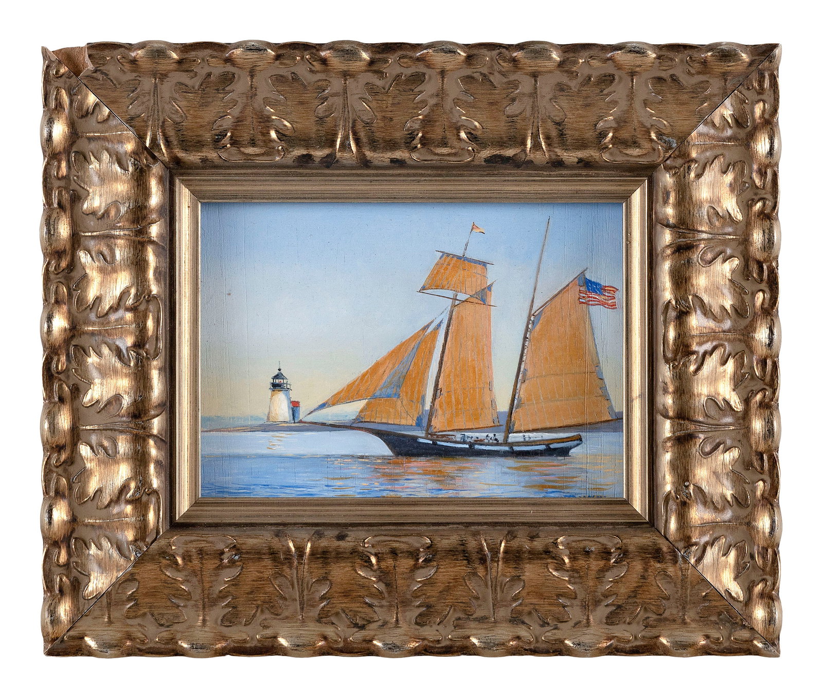 YASEMIN KYRENA TOMAKAN (Connecticut/Massachusetts/Turkey, 1958-), "Privateer Lynx, Nantucket"., Oil: YASEMIN KYRENA TOMAKAN Connecticut/Massachusetts/Turkey, 1958- "Privateer Lynx, Nantucket". Signed lower right "Tomakan". Titled verso. Oil on panel, 5" x 7". Framed 9" x 11".