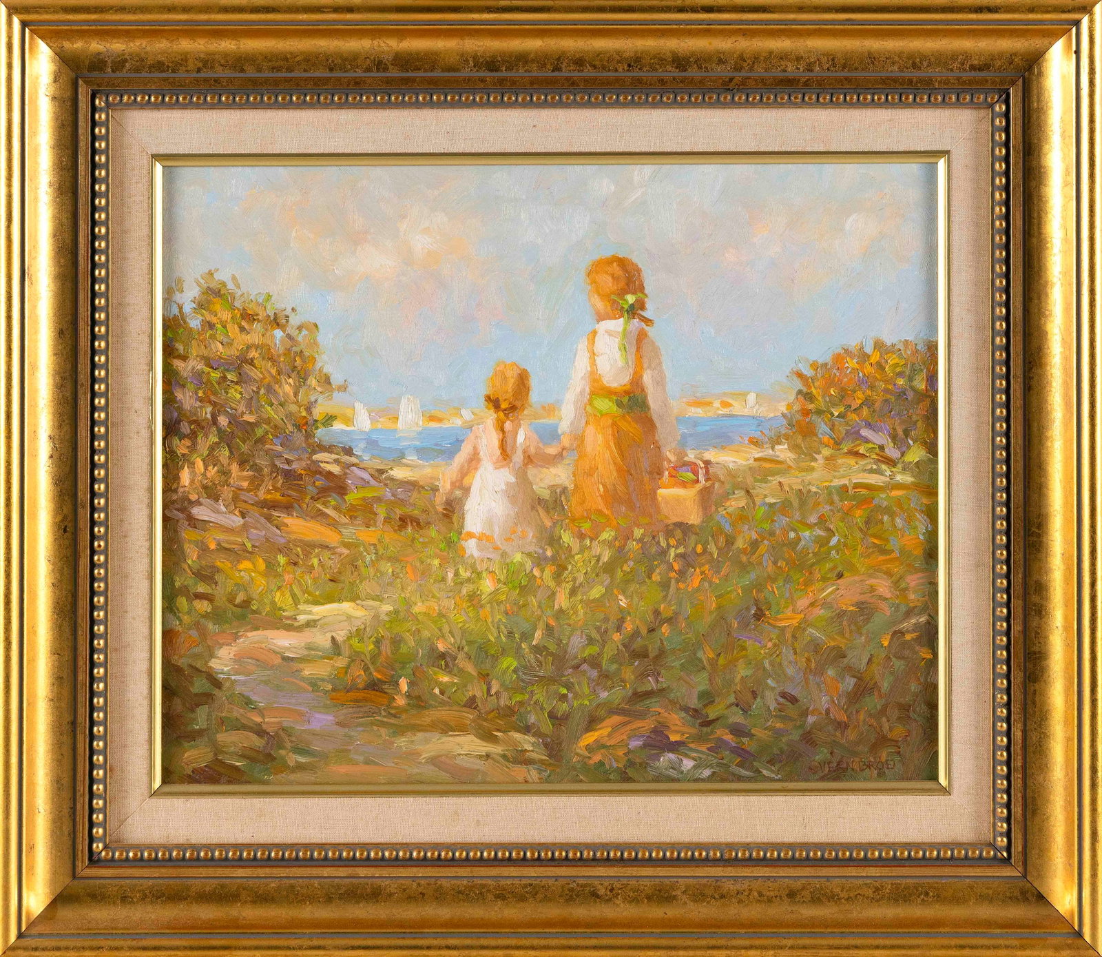 VERNON GEORGE BROE (Maine/Illinois, 1930-2011), Two young girls walking a path to the water., Oil on: VERNON GEORGE BROE Maine/Illinois, 1930-2011 Two young girls walking a path to the water. Signed lower left "Vern Broe". Oil on board, 11" x 13.5". Framed 17" x 19".
