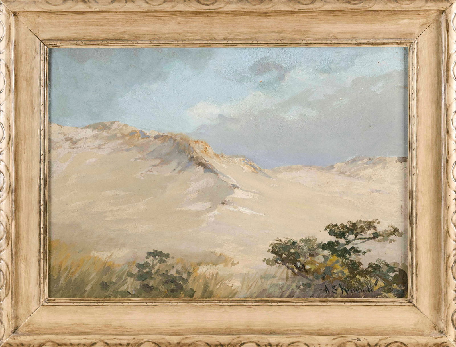ARTHUR SMITH KIMBALL (Massachusetts, 1806-1860), Dune scene., Oil on board, 15.5" x 22". Framed 21": ARTHUR SMITH KIMBALLMassachusetts, 1806-1860Dune scene. Signed lower right "A.S. Kimball".Oil on board, 15.5" x 22". Framed 21" x 27.5".