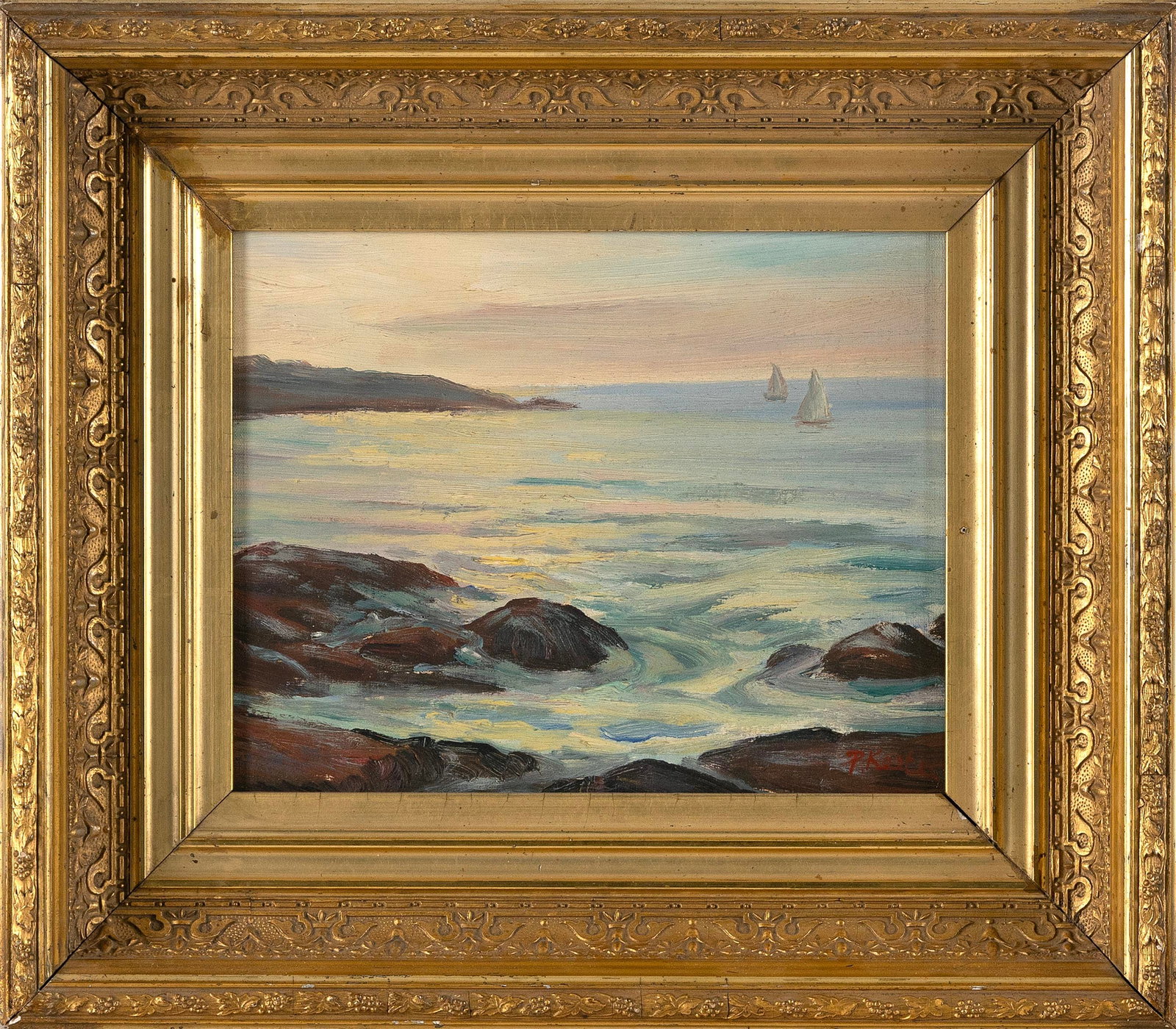 PETER KOSTER (America, 1891-1978), "Sunset at Andrews Point"., Oil on board, 7" x: PETER KOSTER America, 1891-1978 "Sunset at Andrews Point", Rockport, Massachusetts. Signed lower right "P. Koster". Titled verso. Oil on board, 7" x 10". Framed 13" x 15".