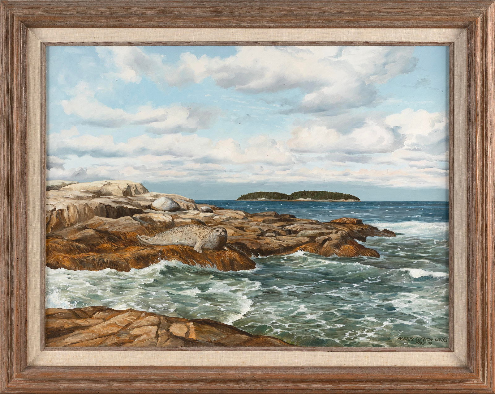 PERSIS CLAYTON WEIRS (Maine, 1942-2016), Rocky coastal scene with seal., Oil on board, 18" x 24". (1 of 2)