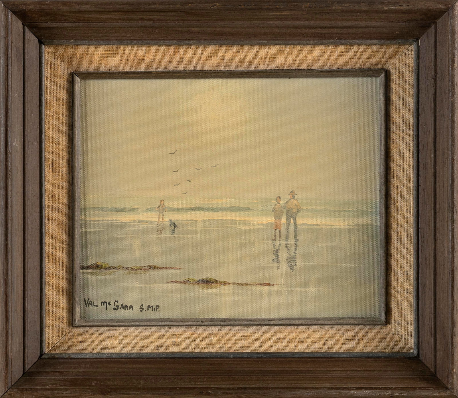 VAL MCGANN (Maine/Florida/Ireland, 1928-2016), Stroll on the beach., Oil on canvas board, 8" x 10".: VAL MCGANN Maine/Florida/Ireland, 1928-2016 Stroll on the beach. Signed lower left "Val McGann S.M.P.". Oil on canvas board, 8" x 10". Framed 12" x 14".