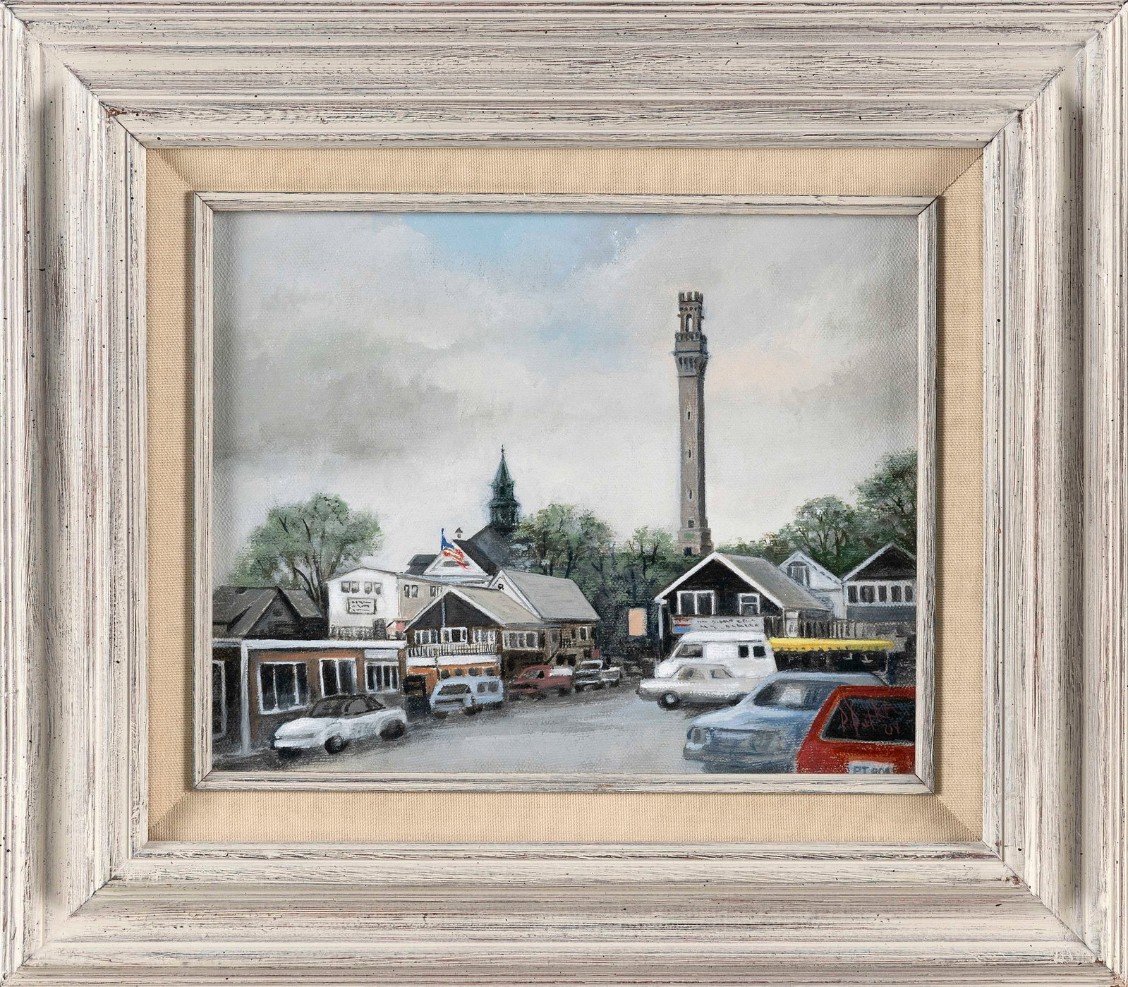 PETER DUTRA (MASSACHUSETTS/RHODE ISLAND, 1943-2018), "Clearing Rain"., Oil on canvas, 8" x 10".: PETER DUTRA MASSACHUSETTS/RHODE ISLAND, 1943-2018 "Clearing Rain". Depicts the Pilgrim Monument in Provincetown, Massachusetts. Signed lower right "Dutra". Titled verso. Oil on canvas, 8" x 10". Frame
