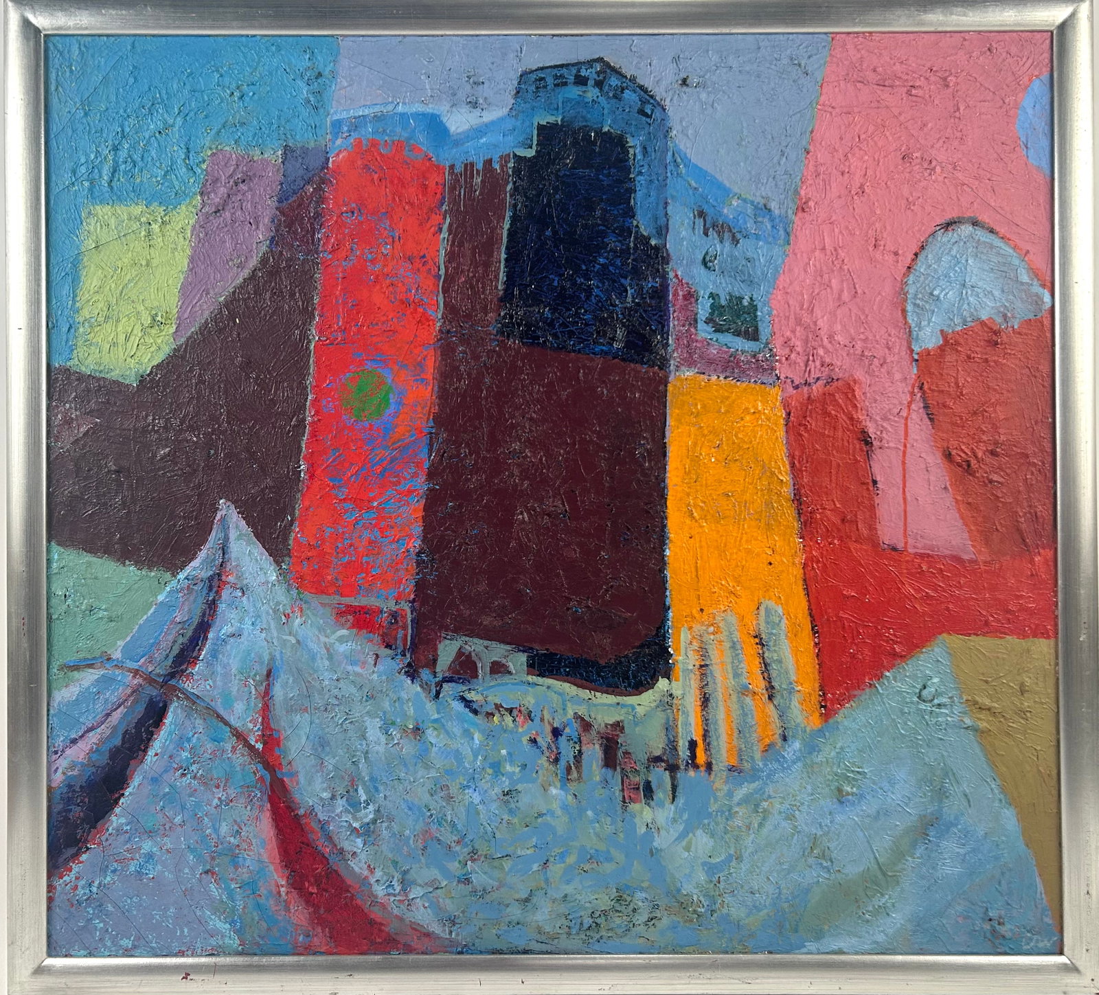 SAMUEL OW (California, 1929-2008), San Francisco abstract, mostly in shades of orange and blue., Oil: SAMUEL OW California, 1929-2008 San Francisco abstract, mostly in shades of orange and blue. Signed verso "Ow, Samuel Sept.". Oil on canvas, 42" x 44". Framed 45" x 49".