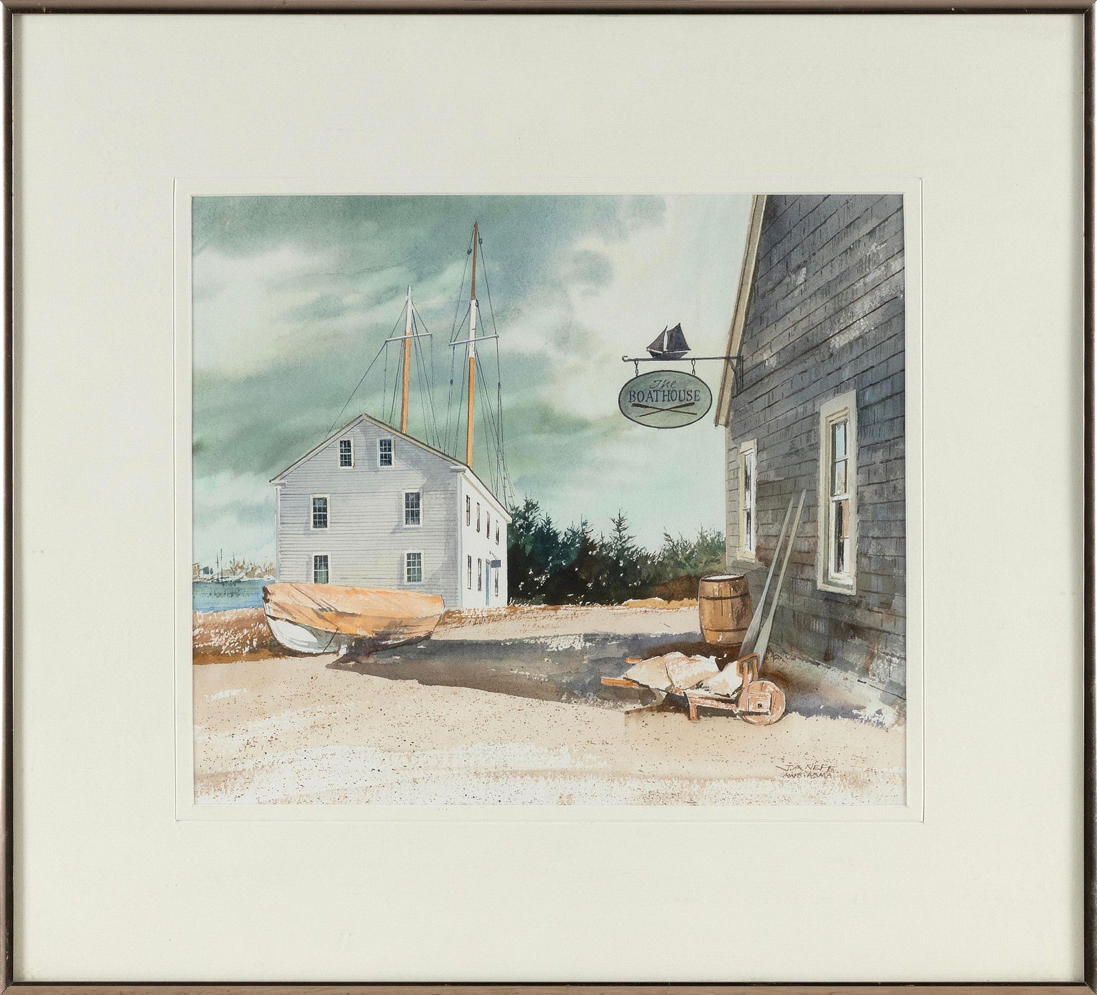 JOHN A. NEFF (Connecticut, 1926-2017), "The Boathouse"., Watercolor on paper, 11" x 13" sight. (1 of 2)