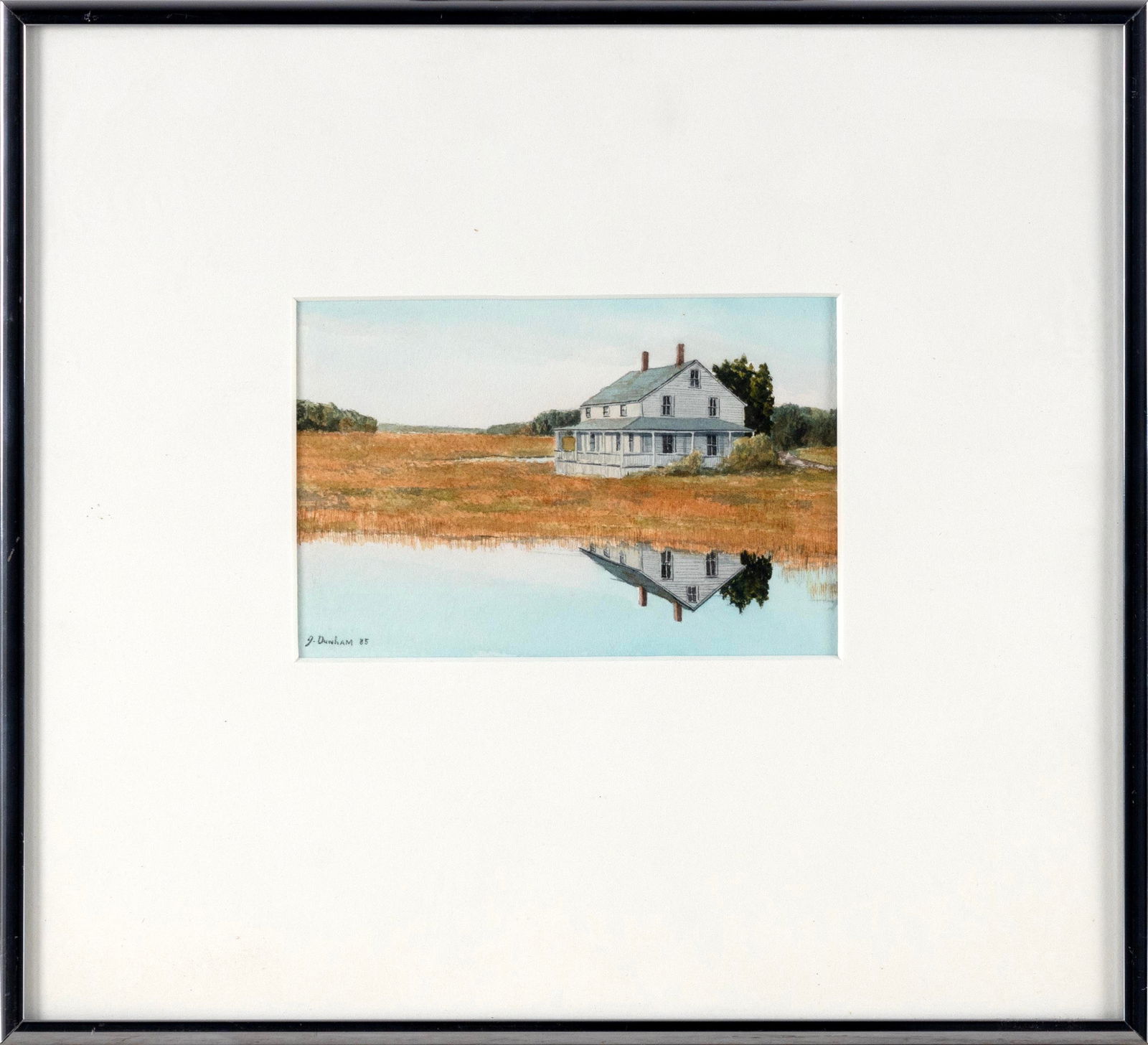 GREGORY DUNHAM (Massachusetts/Maine, 1946-), House reflected in the marsh waters., Watercolor, 4" x: GREGORY DUNHAMMassachusetts/Maine, 1946-House reflected in the marsh waters. Signed lower left "G. Dunham".Watercolor, 4" x 6" sight. Framed 11" x 12".