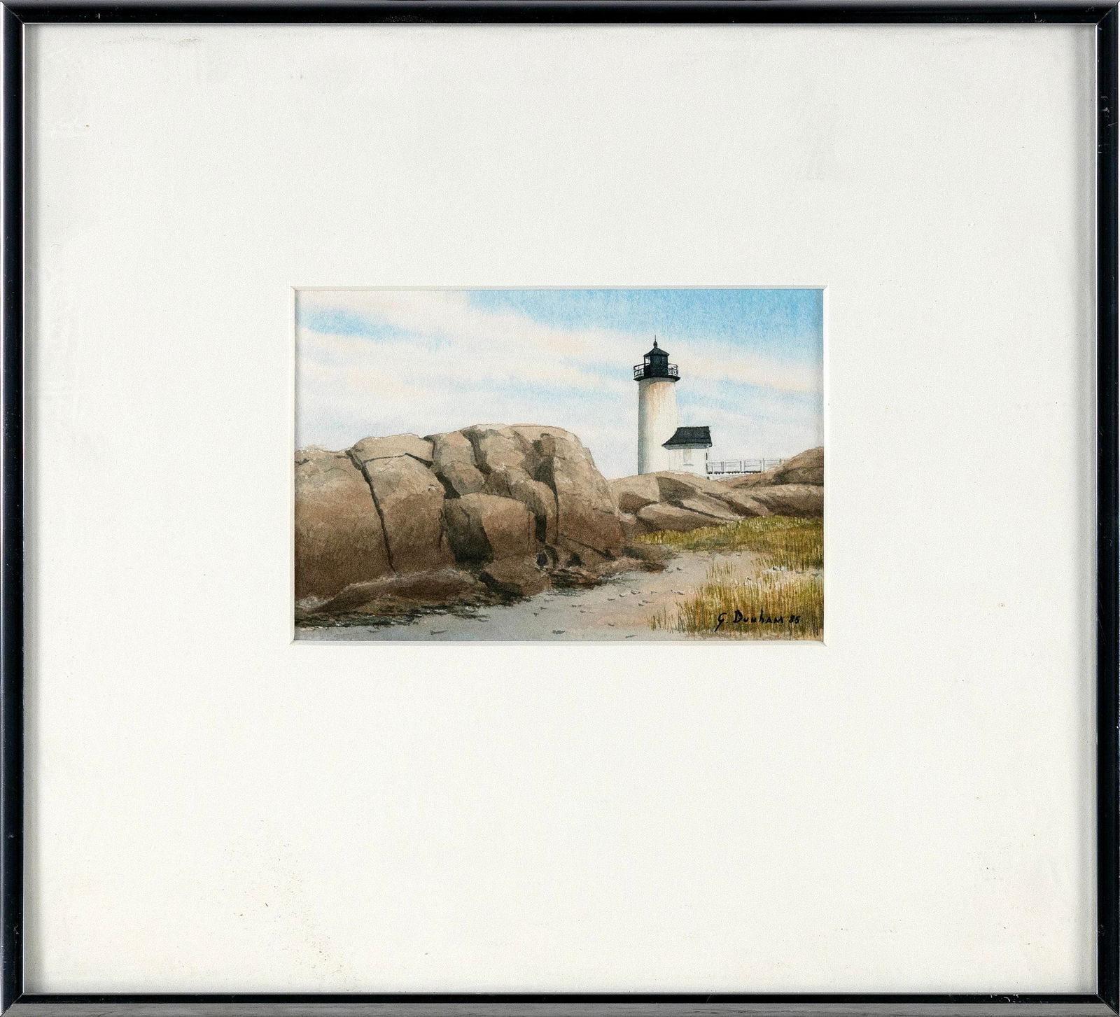 GREGORY DUNHAM (Massachusetts/Maine, 1946-), Lighthouse on a rocky coast., Watercolor, 4" x 6" (1 of 2)