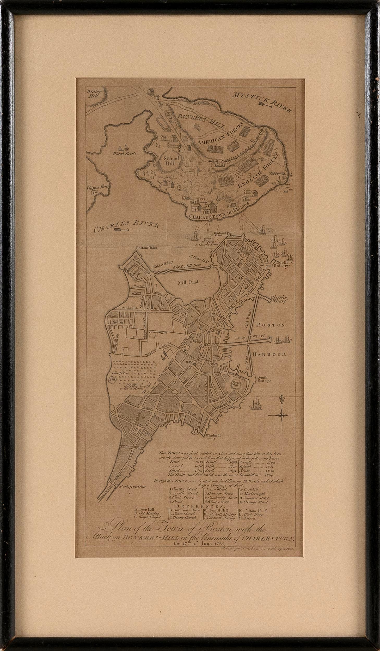 MAP "PLAN OF THE TOWN OF BOSTON" Circa 1775 11.75" x 5.75" sight. Framed 16.5" x 9.5". (1 of 2)
