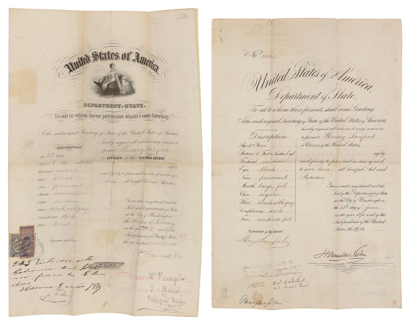 TWO UNITED STATES PASSPORTS Dated 1875 and 1887 Both 18" x 12". (1 of 2)