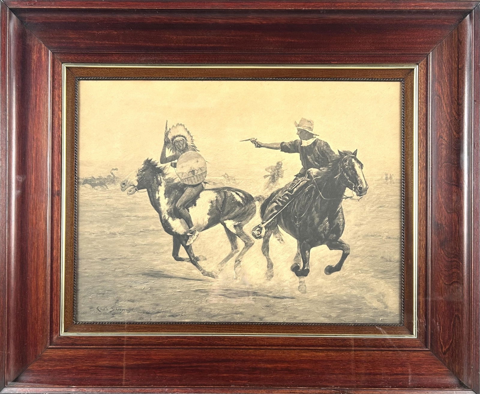 CHARLES (CARL) SCHREYVOGEL (New Jersey/New York, 1861-1912), Western cowboy scene., Lithograph of a (1 of 3)