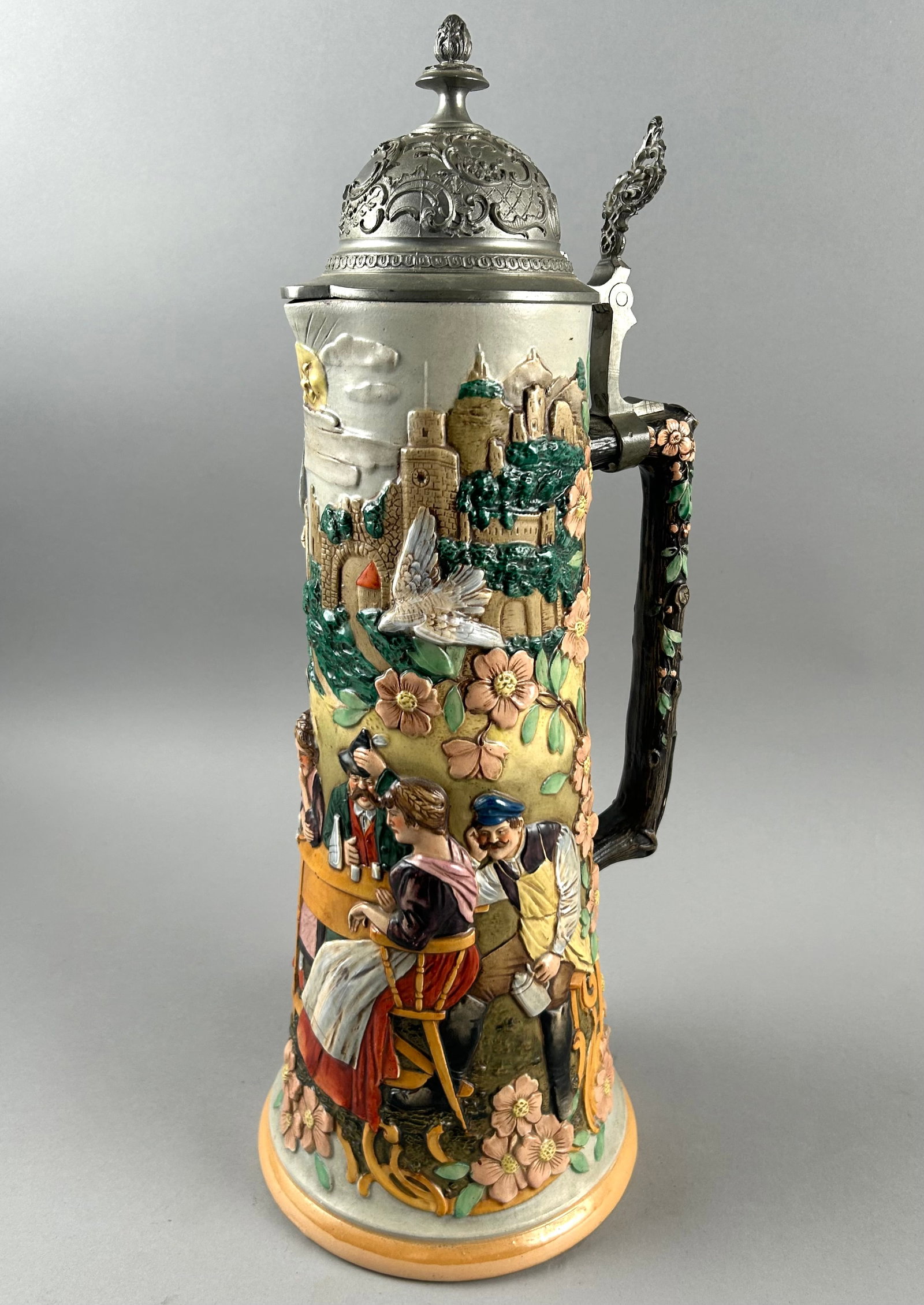 J.W.R. 3.0L STEIN STAMPED 729 Germany, 20th Century Height 18".: J.W.R. 3.0L STEIN STAMPED 729 Germany, 20th Century Pewter lid. Body with figural decoration. Height 18".