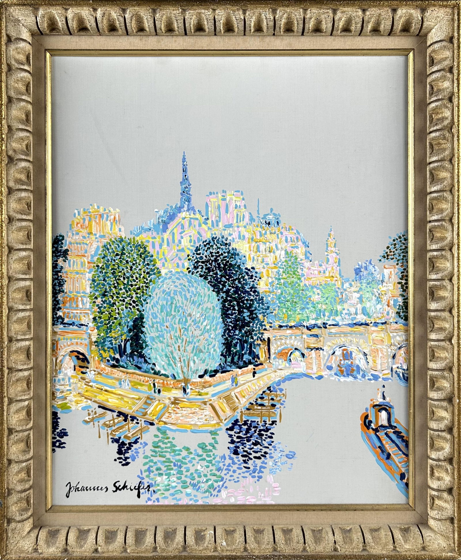 JOHANNES SCHIEFER (New York/The Netherlands/France, 1896-1979), River through a city, probably Pont: JOHANNES SCHIEFERNew York/The Netherlands/France, 1896-1979River through a city, probably Pont Neuf, Paris. Signed lower right "Johannes Schiefer".Oil on canvas, 21" x 16". Framed 24.5" x 20".