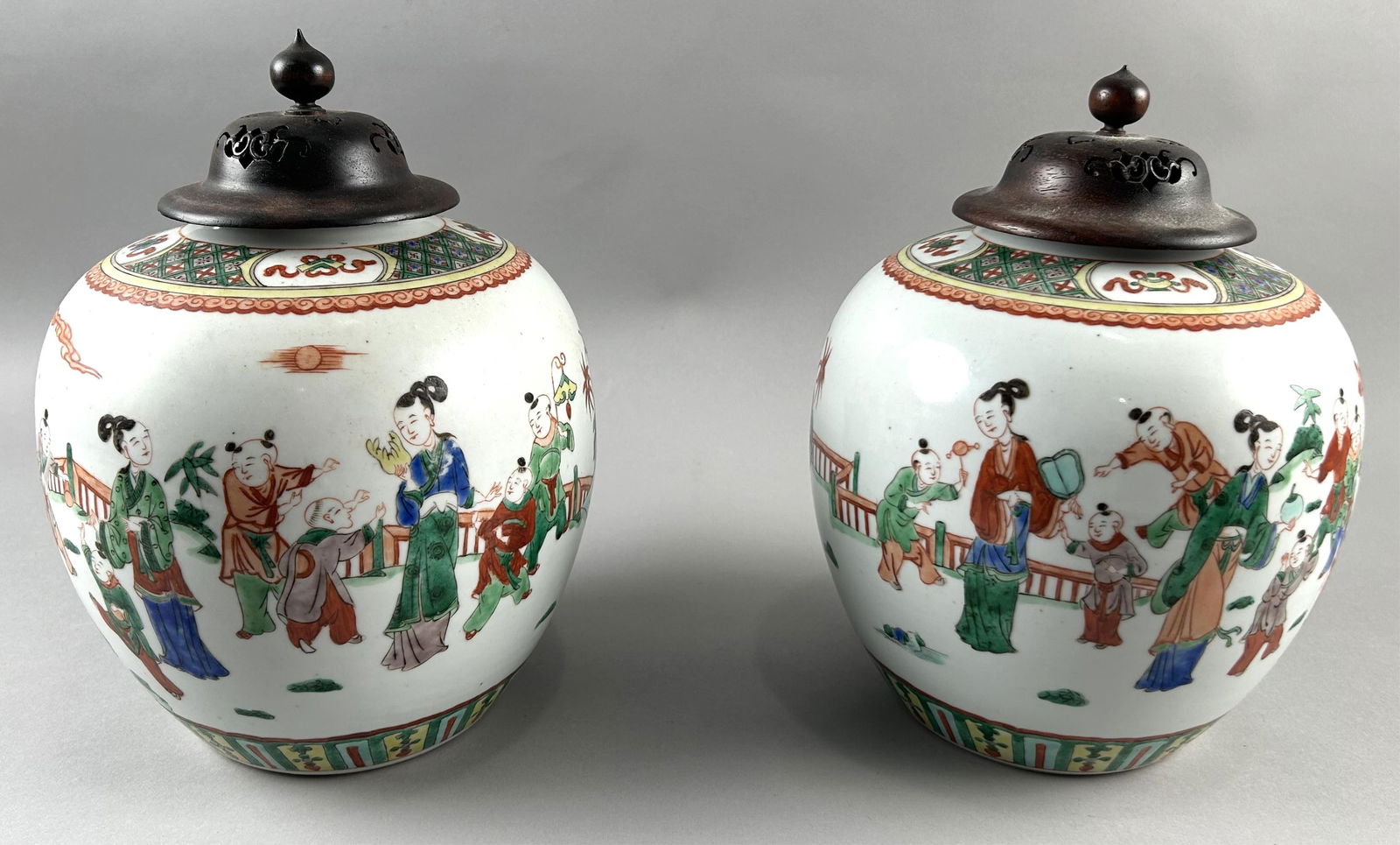 PAIR OF CHINESE PORCELAIN GINGER JARS Early 20th Century Jar heights 10.5". Total heights including (1 of 3)