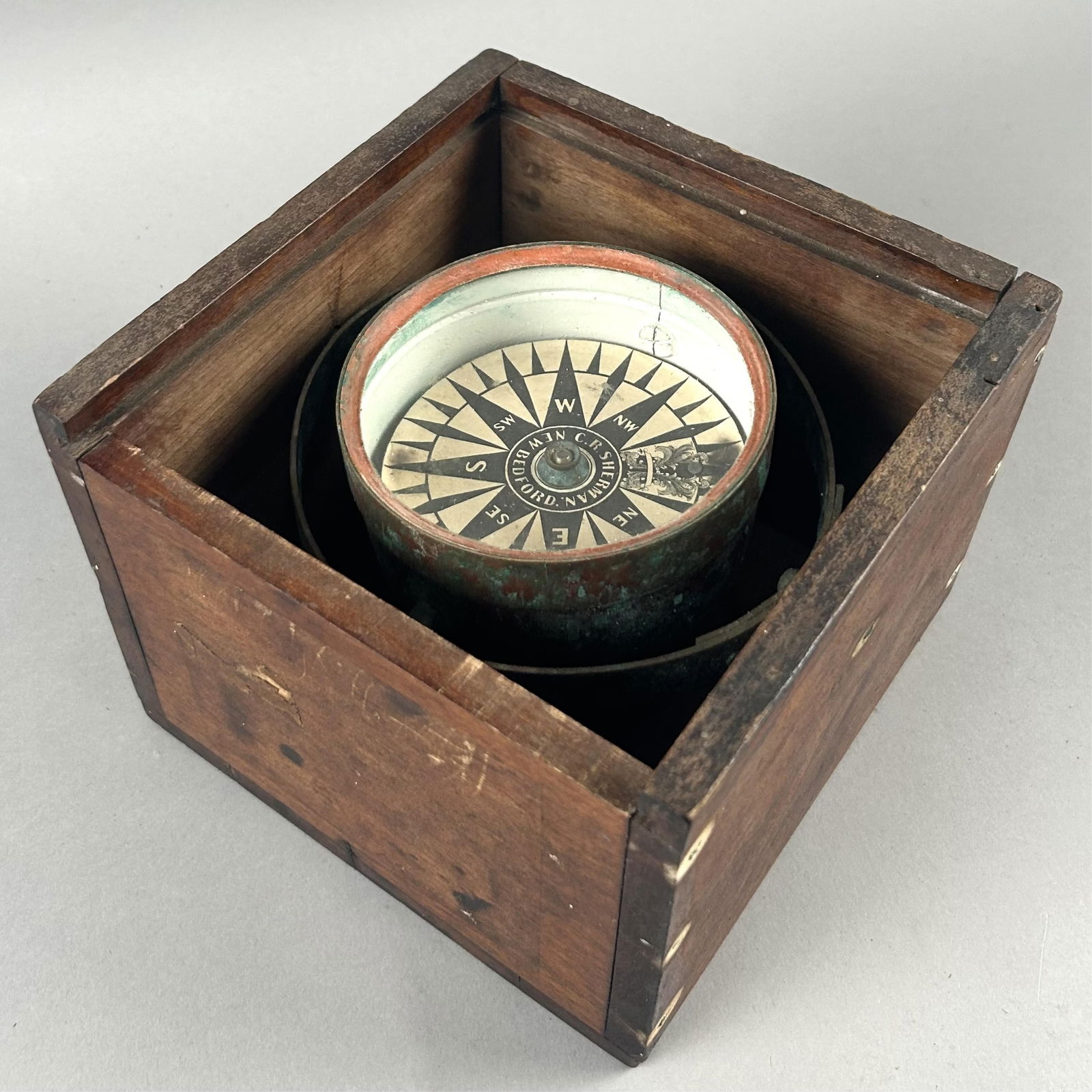 DRY COMPASS BY C.R. SHERMAN, NEW BEDFORD 19th Century Box height 5.5". Width 7". Depth 7". (1 of 3)