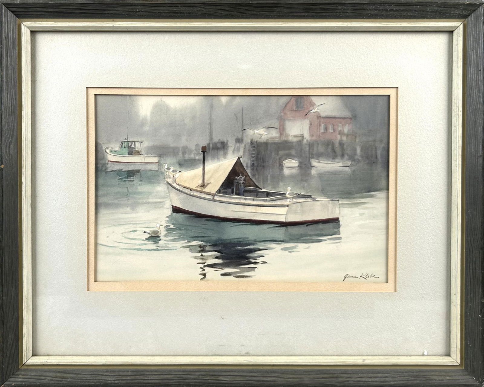 GENE KLEBE (Maine, 1907-2009), Lobster boat moored in a foggy harbor., Watercolor on paper, 7" x 11" (1 of 3)