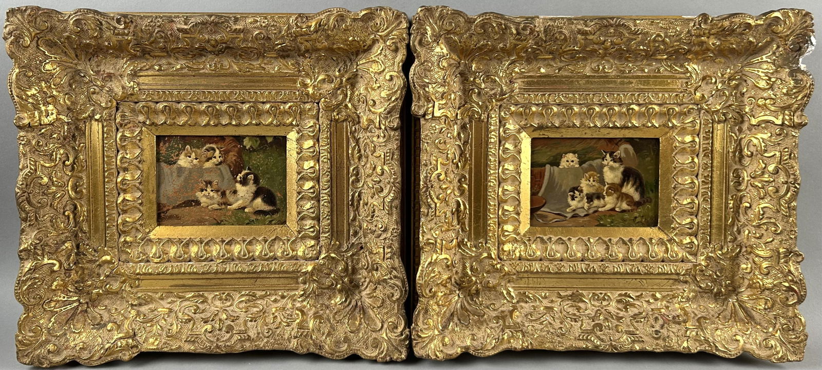 TWO PAINTINGS OF CATS 20th Century Oils on panel, 4" x 5". Framed 11" x 12". (1 of 4)
