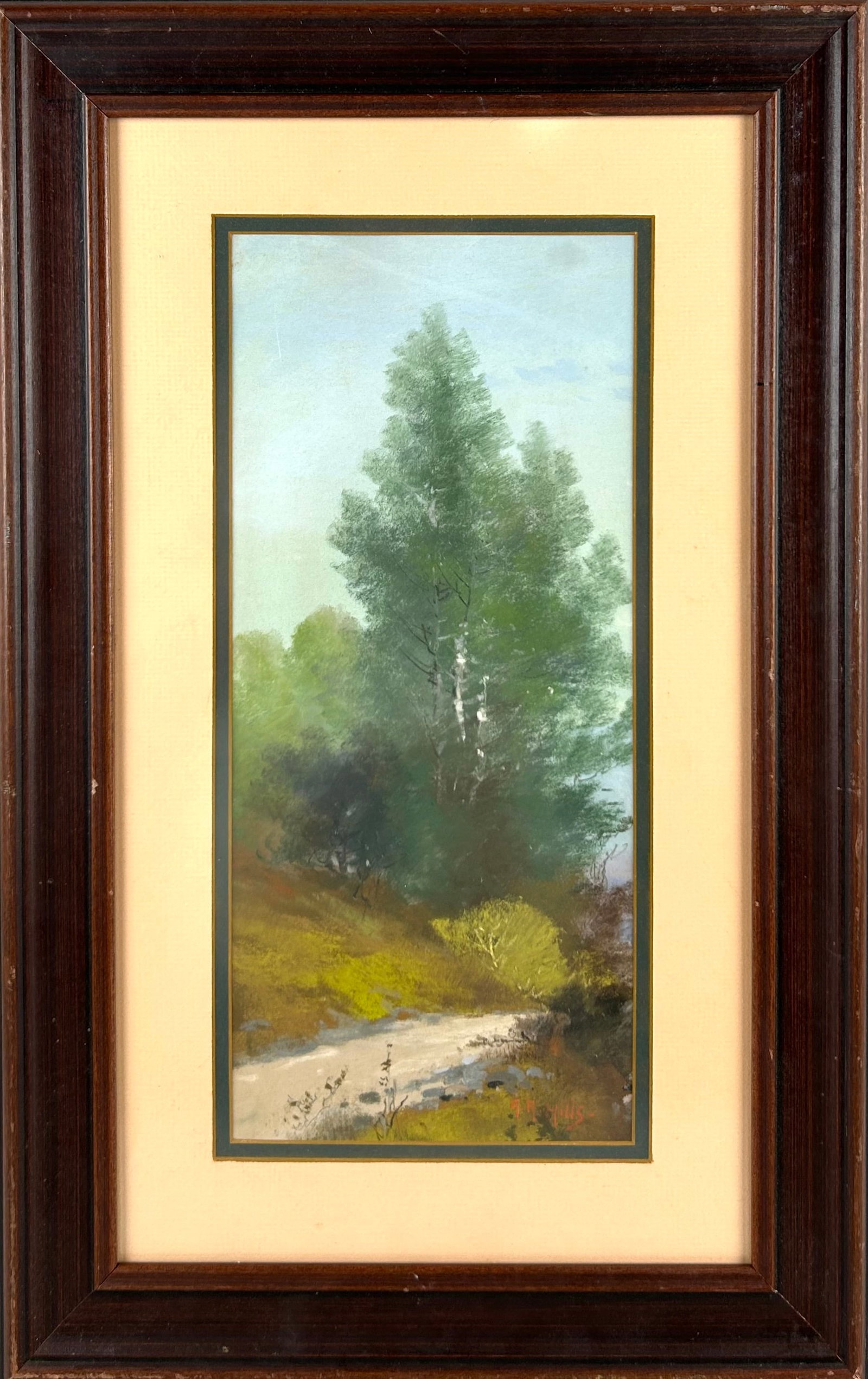 ANNA ALTHEA HILLS (America, 1882-1930), Stream running past trees., Pastel on paper, 15" x 6.5": ANNA ALTHEA HILLS America, 1882-1930 Stream running past trees. Signed lower right "A.A. Hills." Pastel on paper, 15" x 6.5" sight. Framed 23" x 14.5".