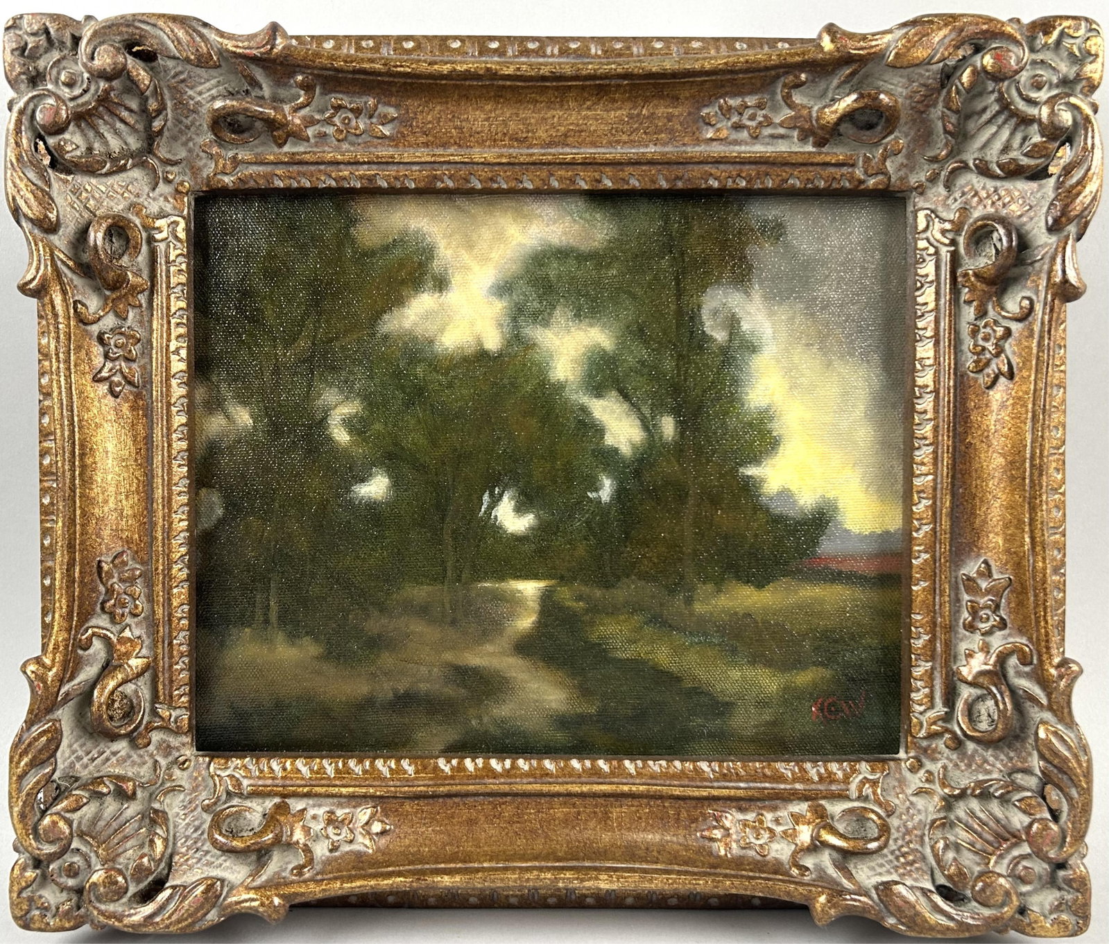 KARIN WELLS (New England, Contemporary), "Greenwood"., Oil on canvas, 8" x 10". Framed 11.5" x: KARIN WELLS New England, Contemporary "Greenwood". Signed lower right "KCW". Titled and dated 2002 verso. Oil on canvas, 8" x 10". Framed 11.5" x 13.75".