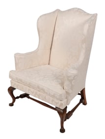 QUEEN ANNE WING CHAIR Boston, Circa 1760 Back height 44.5". Seat height 17.5".