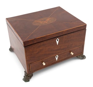 FEDERAL VALUABLES BOX Circa 1800 Height 8.25". Width at feet 14". Depth at feet 11.5".
