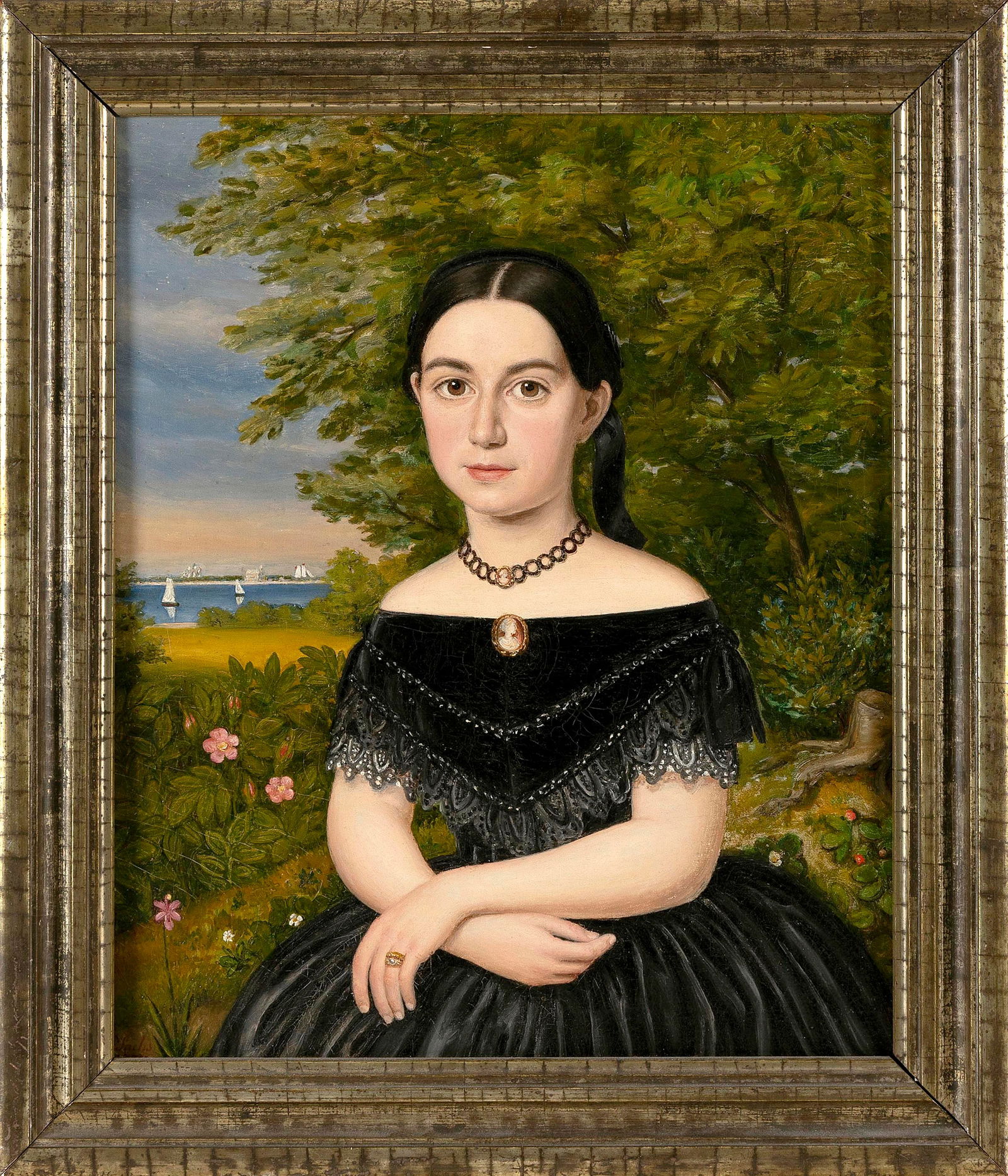 LAMBERT SACHS (Pennsylvania/Germany, 1818-1903), Portrait of a young girl with a seascape in the: LAMBERT SACHSPennsylvania/Germany, 1818-1903Portrait of a young girl with a seascape in the background. Signed lower left "L. Sachs".Oil on canvas, 16.5" x 13.5". Framed 19.5" x 16.5". Provenance:An I