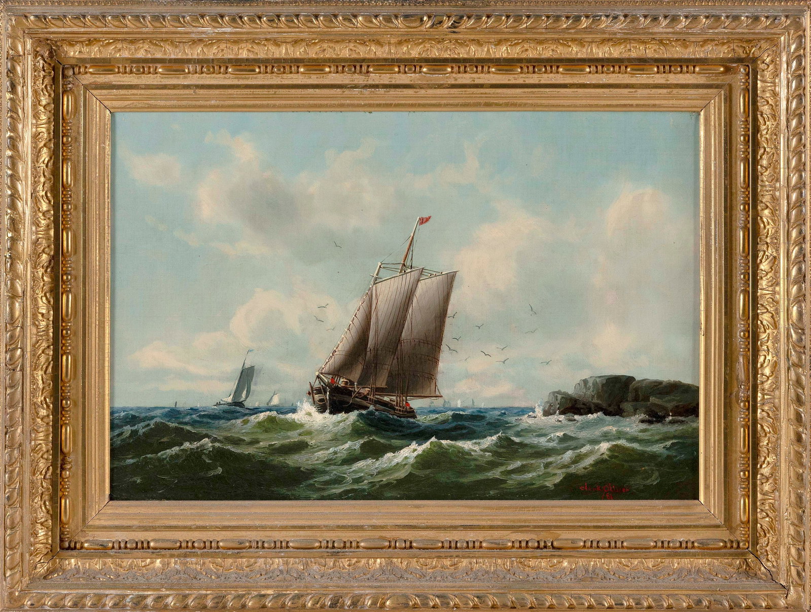 THOMAS CLARKSON OLIVER (Massachusetts, 1827-1893), Sailing through stormy seas., Oil on canvas, 12": THOMAS CLARKSON OLIVER Massachusetts, 1827-1893 Sailing through stormy seas. Signed and dated lower right "Clark Oliver / 81". Label verso for artist supplier A.A. Walker, Boston. Oil on canvas, 12" x