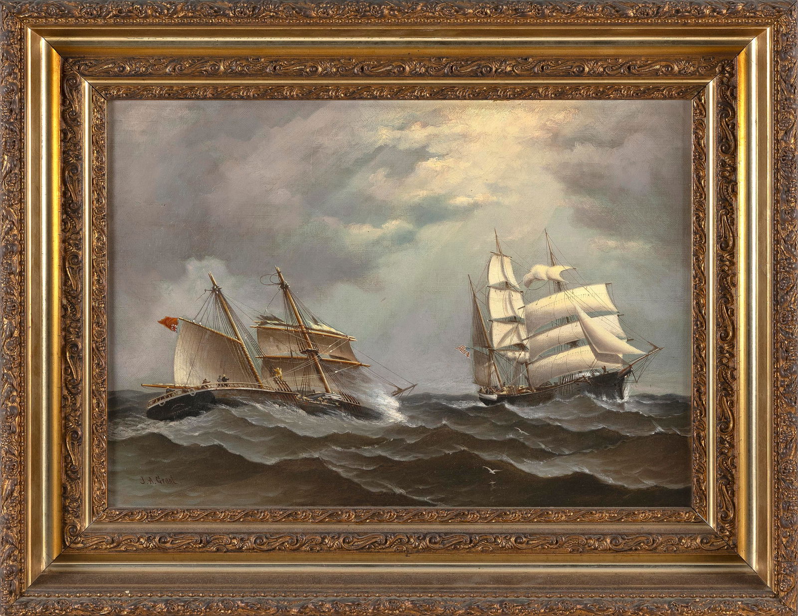 J.A. GRANT (America, 19th Century), Rescue at sea., Oil on canvas, 14" x 20". Framed 20" x 26". (1 of 2)