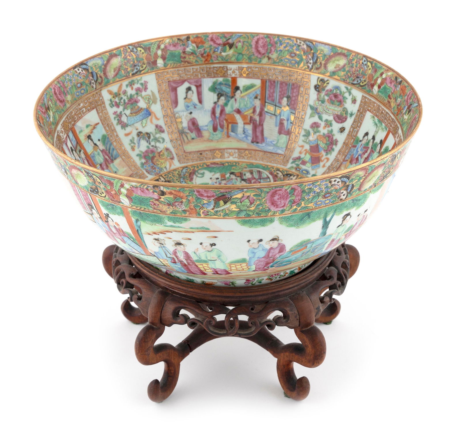 CHINESE EXPORT ROSE MEDALLION PORCELAIN PUNCH BOWL 19th Century Height 6". Diameter 14.5". Stand (1 of 4)