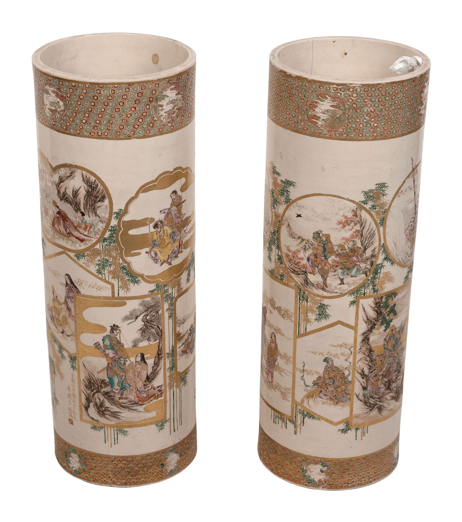 PAIR OF JAPANESE SATSUMA PORCELAIN UMBRELLA STANDS Late 19th Century Heights 28.5". Diameters 10". (1 of 5)