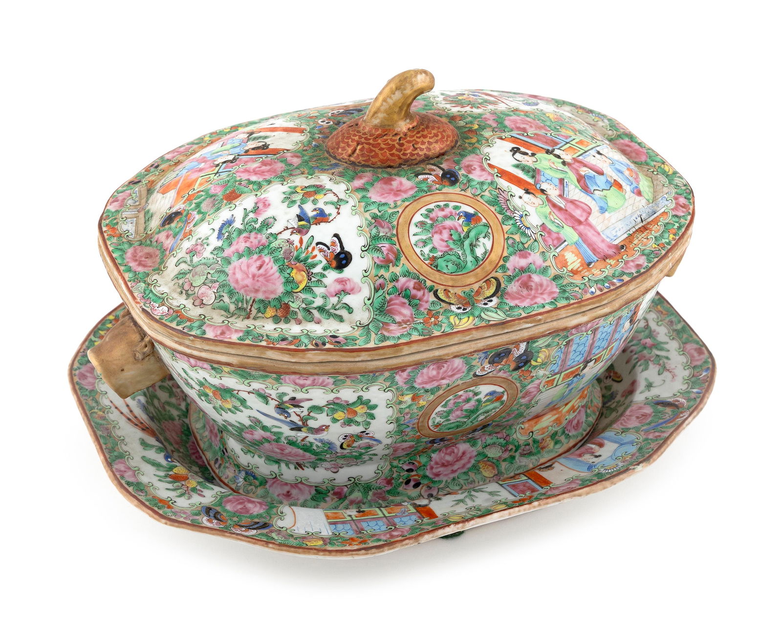 CHINESE EXPORT ROSE MEDALLION PORCELAIN COVERED SOUP TUREEN AND UNDERTRAY 19th Century Tureen height (1 of 5)