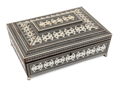 EXCEPTIONAL AND HISTORIC CHINA TRADE SEWING BOX Dated 1854 Height 4.75". Width 13". Depth 9".