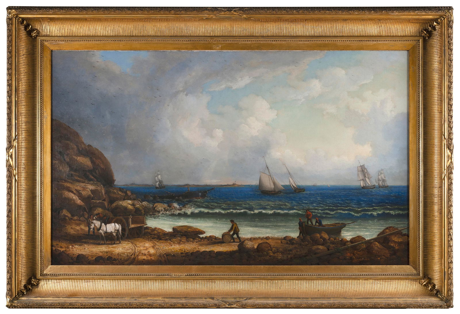 JOHN WHITE ALLEN SCOTT (Massachusetts, 1815-1907), View of Eastern Point Lighthouse from Stage Fort,: JOHN WHITE ALLEN SCOTTMassachusetts, 1815-1907View of Eastern Point Lighthouse from Stage Fort, Gloucester, Massachusetts. Signed and dated on mast lower right "JWA Scott 1866".Oil on canvas, 30" x 50