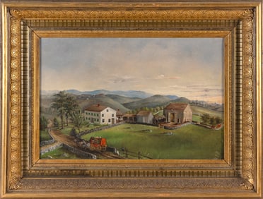 AMERICAN SCHOOL (19th Century,), View of a farm with a stagecoach in the foreground., Oil on canvas,