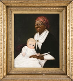 AMERICAN SCHOOL (19th Century,), Portrait of a Black nanny holding an infant., Oil on board, 20" x