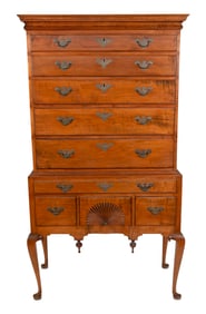 QUEEN ANNE TWO-PART HIGHBOY New England, Circa 1760 Height 75". Width 40.5". Depth 20.5".