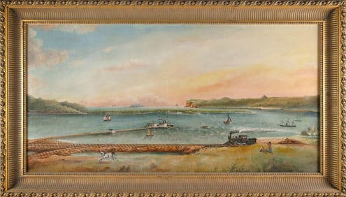 AMERICAN SCHOOL (19th Century,), "The Last Train to Wilmington", Oil on canvas, 30" x 60". Framed