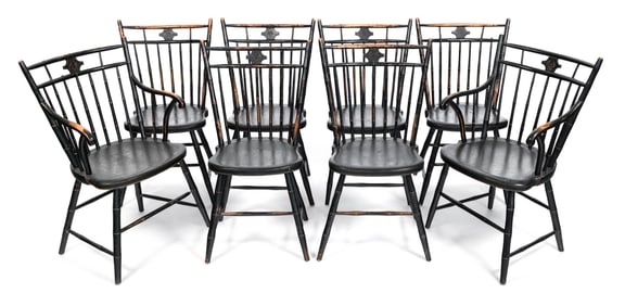 SET OF EIGHT WINDSOR CAGE-BACK CHAIRS New England, Circa 1810 Back heights 36.5". Seat heights 18".