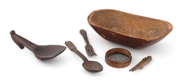 SIX TREENWARE ITEMS 19th Century Trencher height 3.25". Length 12". Width 7.25".