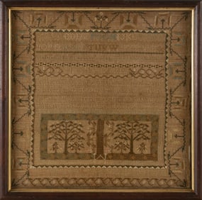 MASSACHUSETTS NEEDLEWORK SAMPLER Dated 1799 17" x 16.75". Framed 18.5" x 18.5".