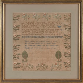 MASSACHUSETTS NEEDLEWORK SAMPLER Dated July 1818 16" x 16" sight. Framed 23" x 22.75".