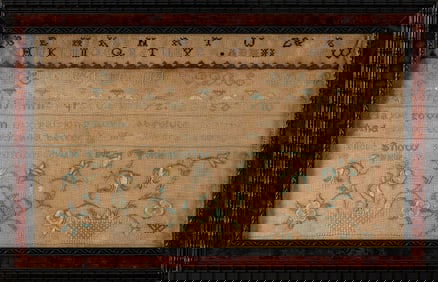 MASSACHUSETTS NEEDLEWORK SAMPLER Dated July 13, 1821 9" x 15.75" sight. Framed 11.5" x 18.5".