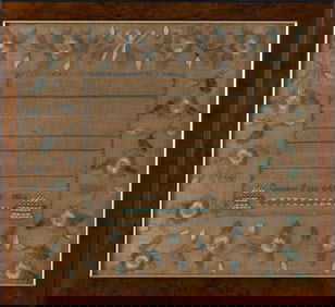 MASSACHUSETTS NEEDLEWORK SAMPLER Dated 1826 16.75" x 15.25". Framed 19.5" x 18".