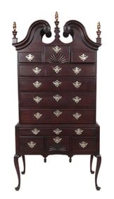 QUEEN ANNE BONNET-TOP HIGHBOY Massachusetts, Mid-18th Century Height 84". Width 40.5". Depth 21.75".