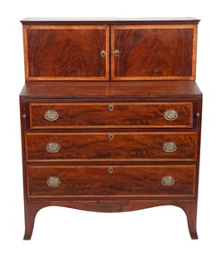HEPPLEWHITE TWO-PART CUPBOARD SECRETARY Massachusetts, Circa 1800 Height 50.25". Width 40". Depth
