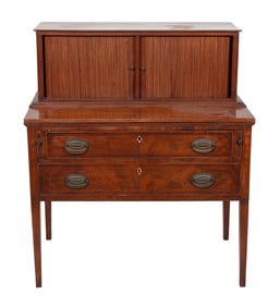 HEPPLEWHITE TAMBOUR SECRETARY Massachusetts, Circa 1800 Height 43". Width 37". Depth 19.5".