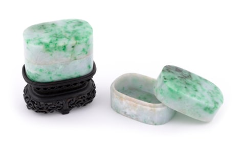 PAIR OF CHINESE MOTTLED CELADON JADE BOXES 20th Century Box heights 2". Lengths 3". Stand height 2".